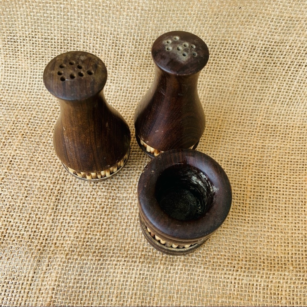 Vintage Mid Century Modern European Salt Pepper Shakers Toothpick Holder Teak - Picture 3 of 3